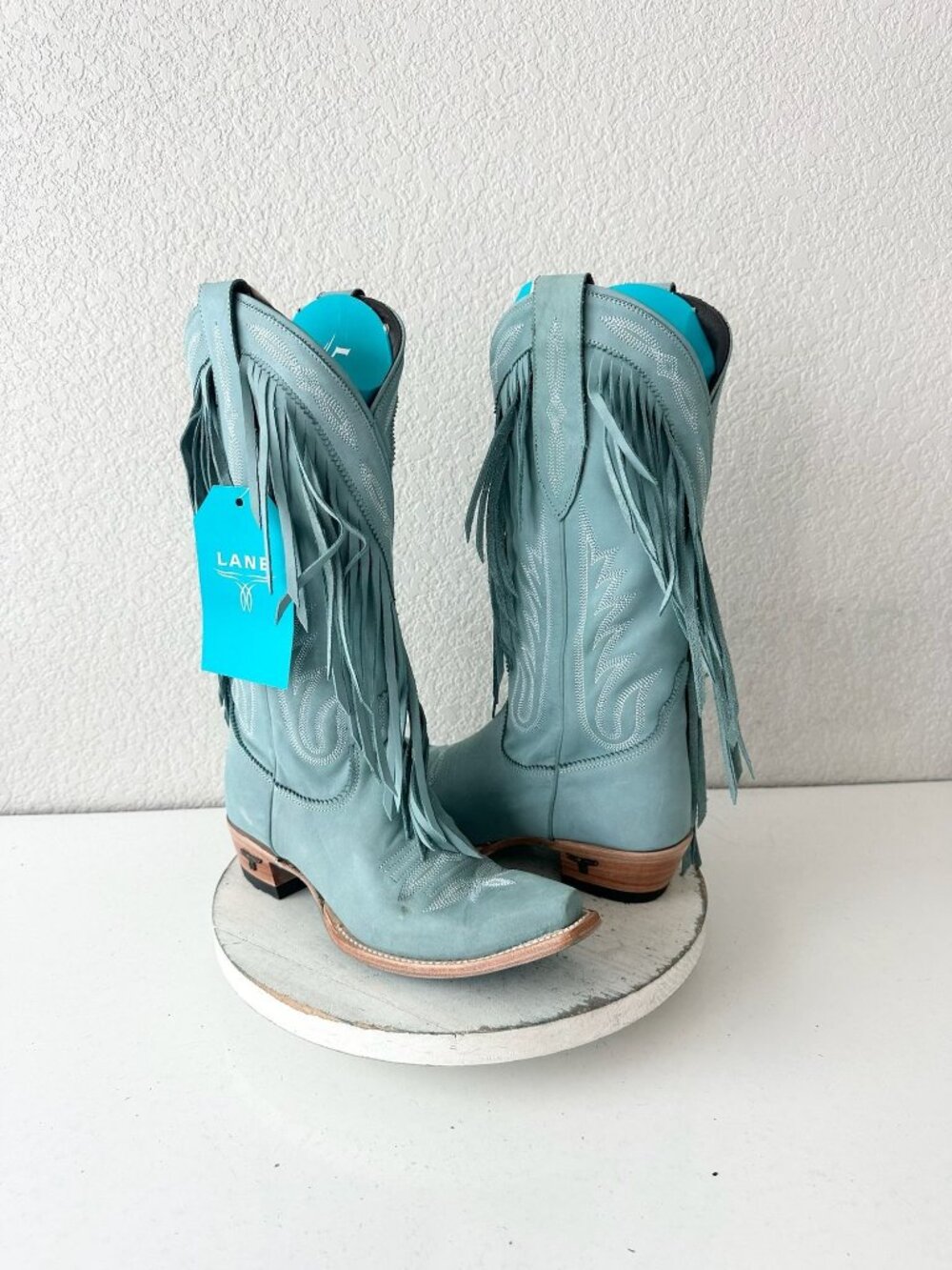 Lane Fringe Western Heeled Boots in Light Teal